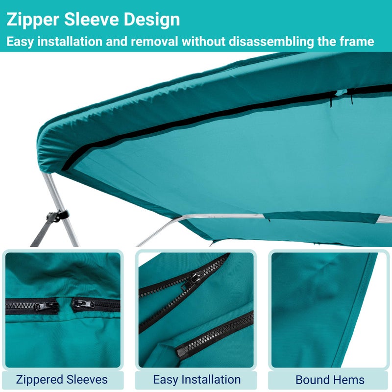 Savvycraft 4 Bow Bimini Top Replacement Cover, Durable Marine Grade Canvas Boat Canopy, Easy Install Zipper Sleeves, 4 Bow 96" L 97"-103" W Teal Color - Image 3